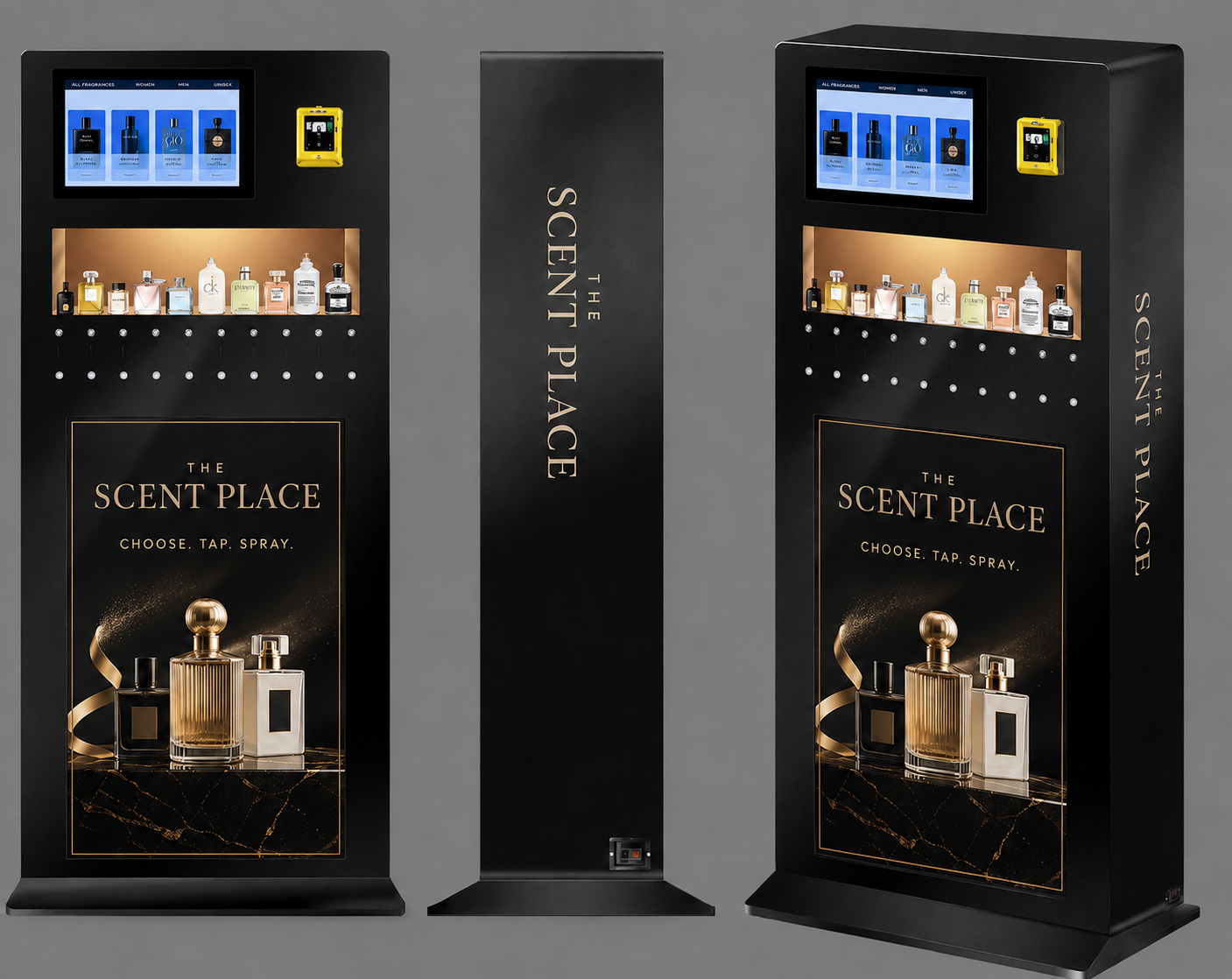 Front, side and angled views of the freestanding The Scent Place fragrance machine